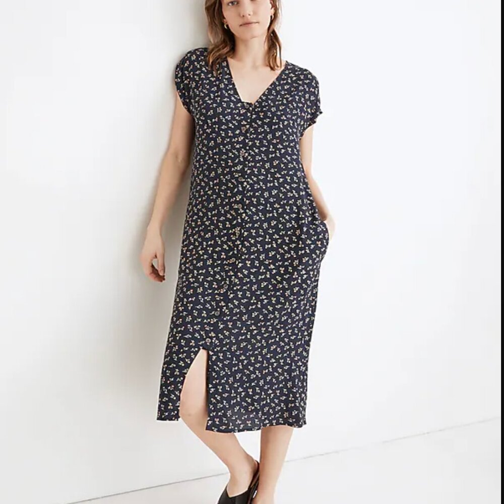 Madewell Easy Midi Dress Spring Fling Floral Blue Button Front XL Navy V-Neck